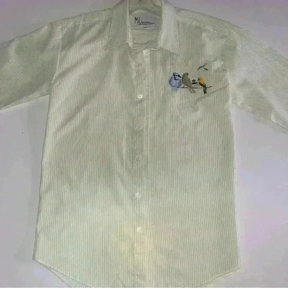 Vintage MiLi designsPinstriped Button-Up Shirt with  Embroidered Birds - Picture 1 of 10